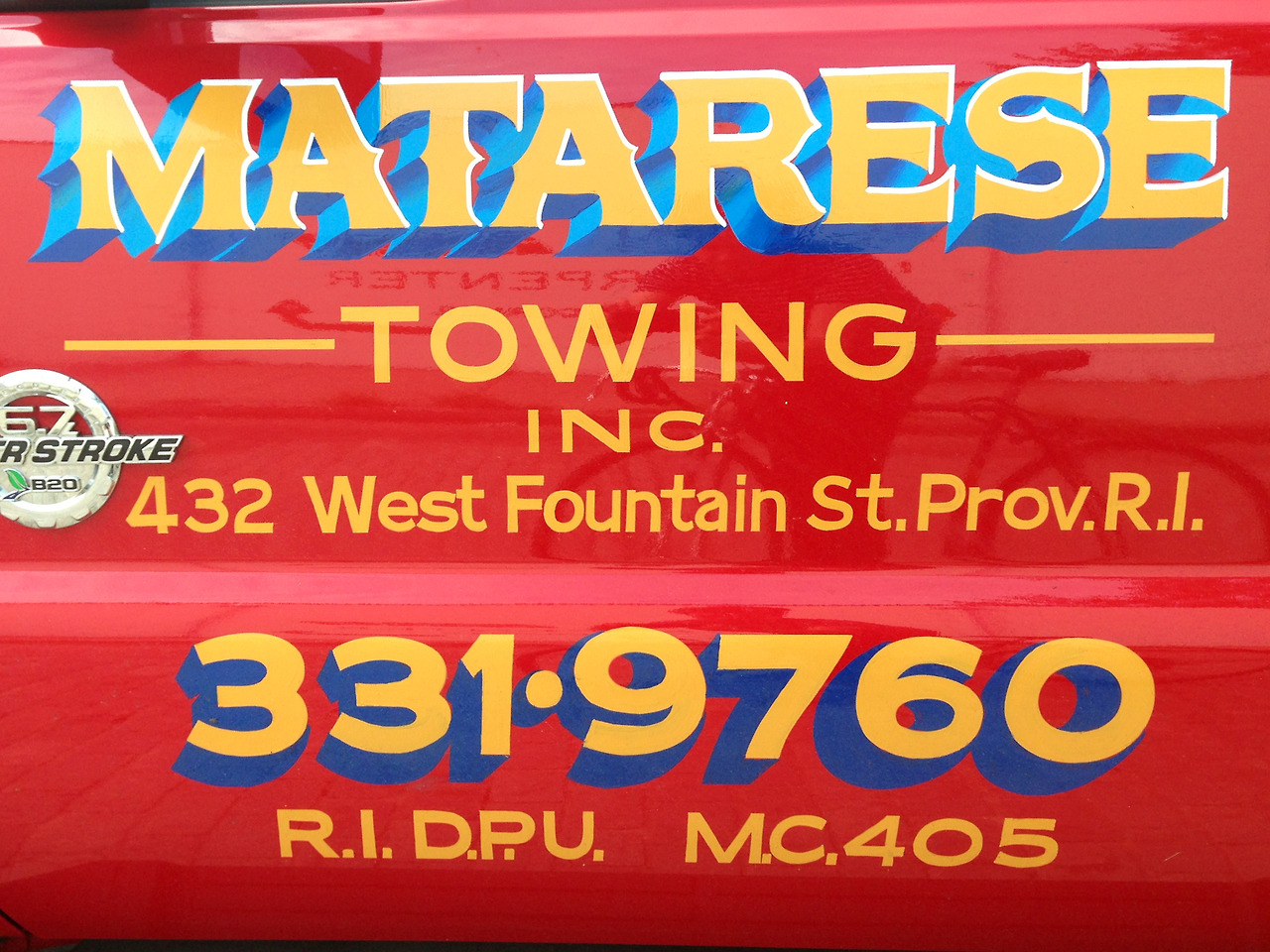 “MATARESE TOWING INC. 432 West Fountain St. Prov. R.I. 331•9760 R.I. D.P.U. M.C.405″