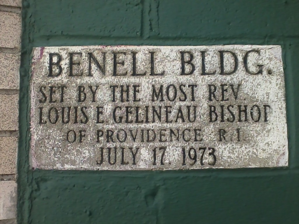 "BENELL BLDG. SET BY THE MOST REV. LOUIS E. GELINEAU BISHOP OF PROVIDENCE R.I. JULY 17, 1973